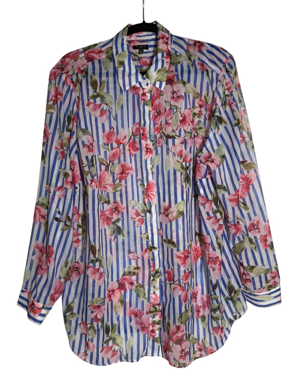 Talbots Sheer Button Up Shirt Floral Blue White Striped Size 2X Hidden Buttons